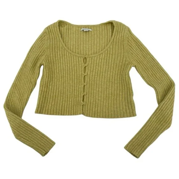 American Eagle Button-Front Cardigan Size Large Yellow Ribbed Cropped L - Picture 1 of 11